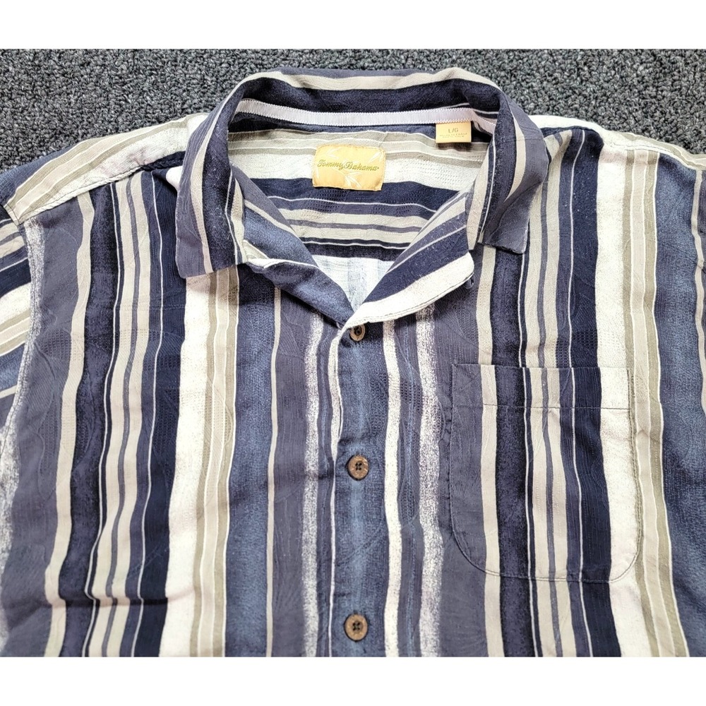 Tommy Bahama Shirt Mens Large Earth Tone Striped Silk Camp Loop Collar Resort